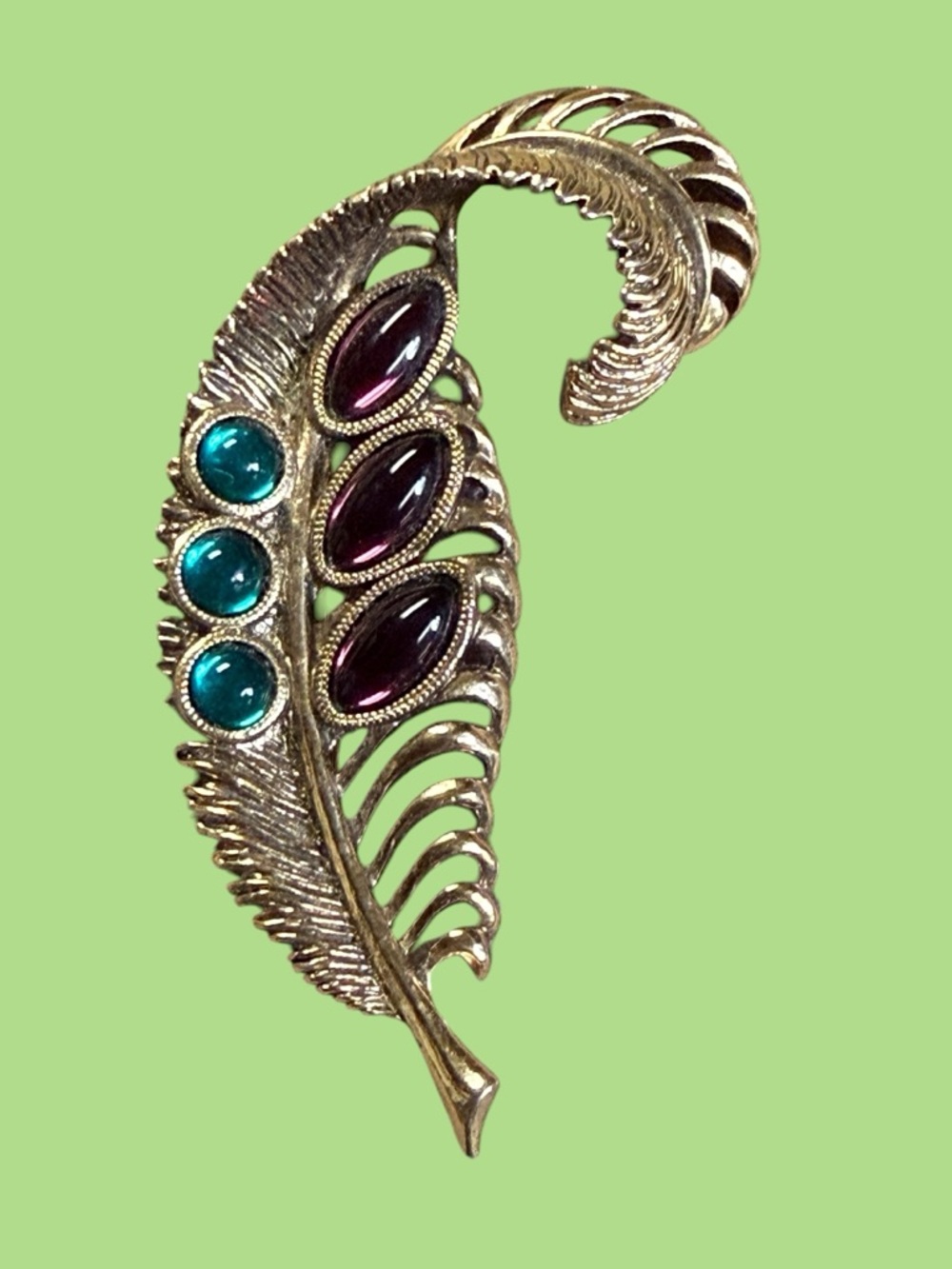 Vintage Gerry Garnet Gold-Tone Leaf Brooch with Teal and Purple Cabochons